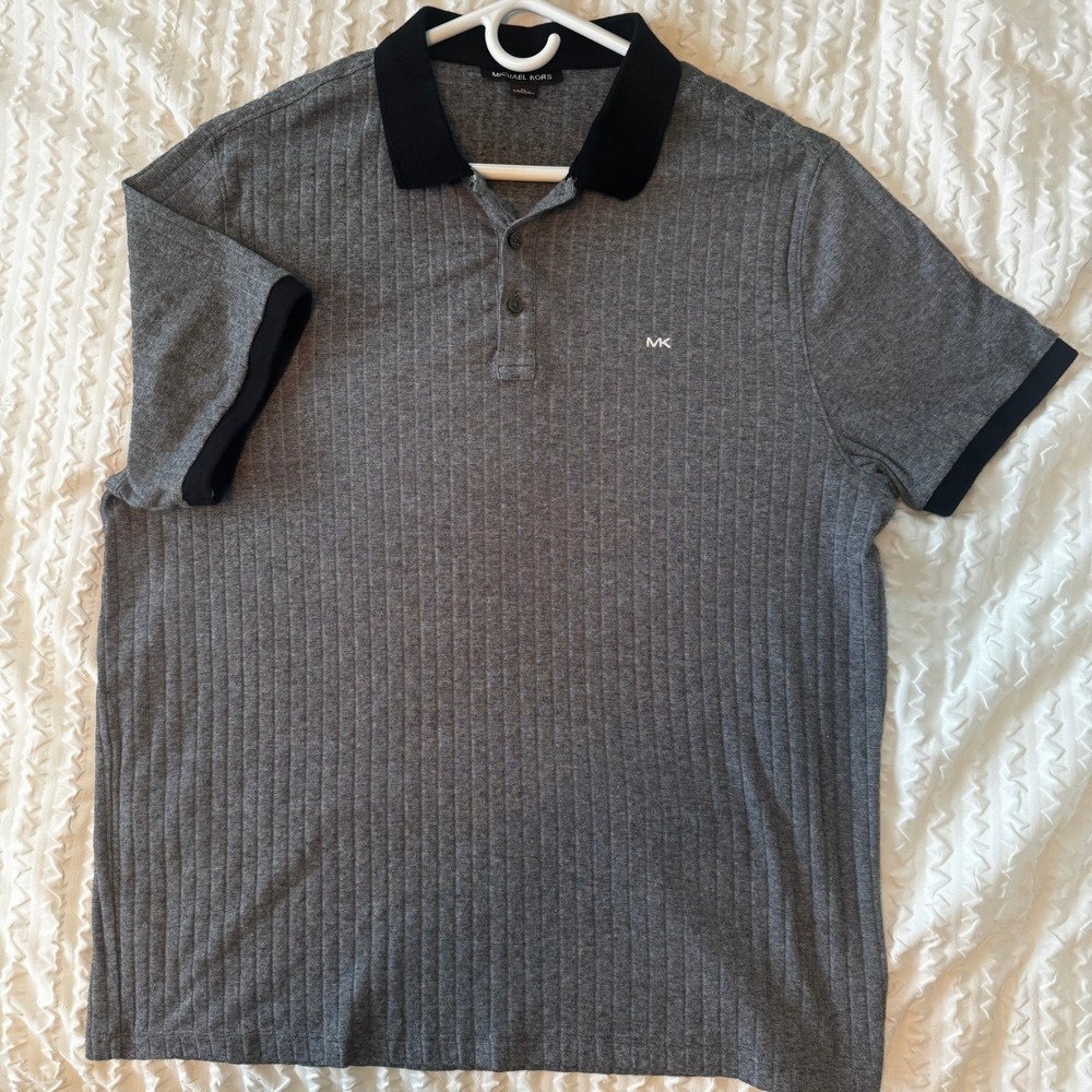 Michael Kors Mens XL Grey Ribbed Knit Polo Shirt Short Sleeve Black Trim Logo